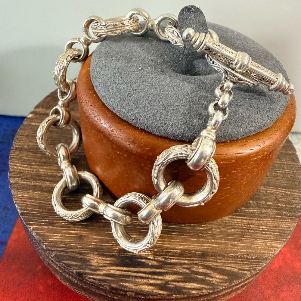925, Sterling Etched Circle Link Elegant Silver Chain Bracelet